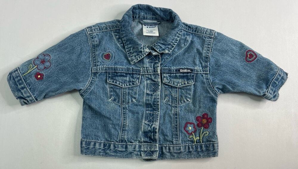 VTG Osh Kosh B’Gosh Cotton Denim Jacket Floral Embroidery Blue Size 12 Months